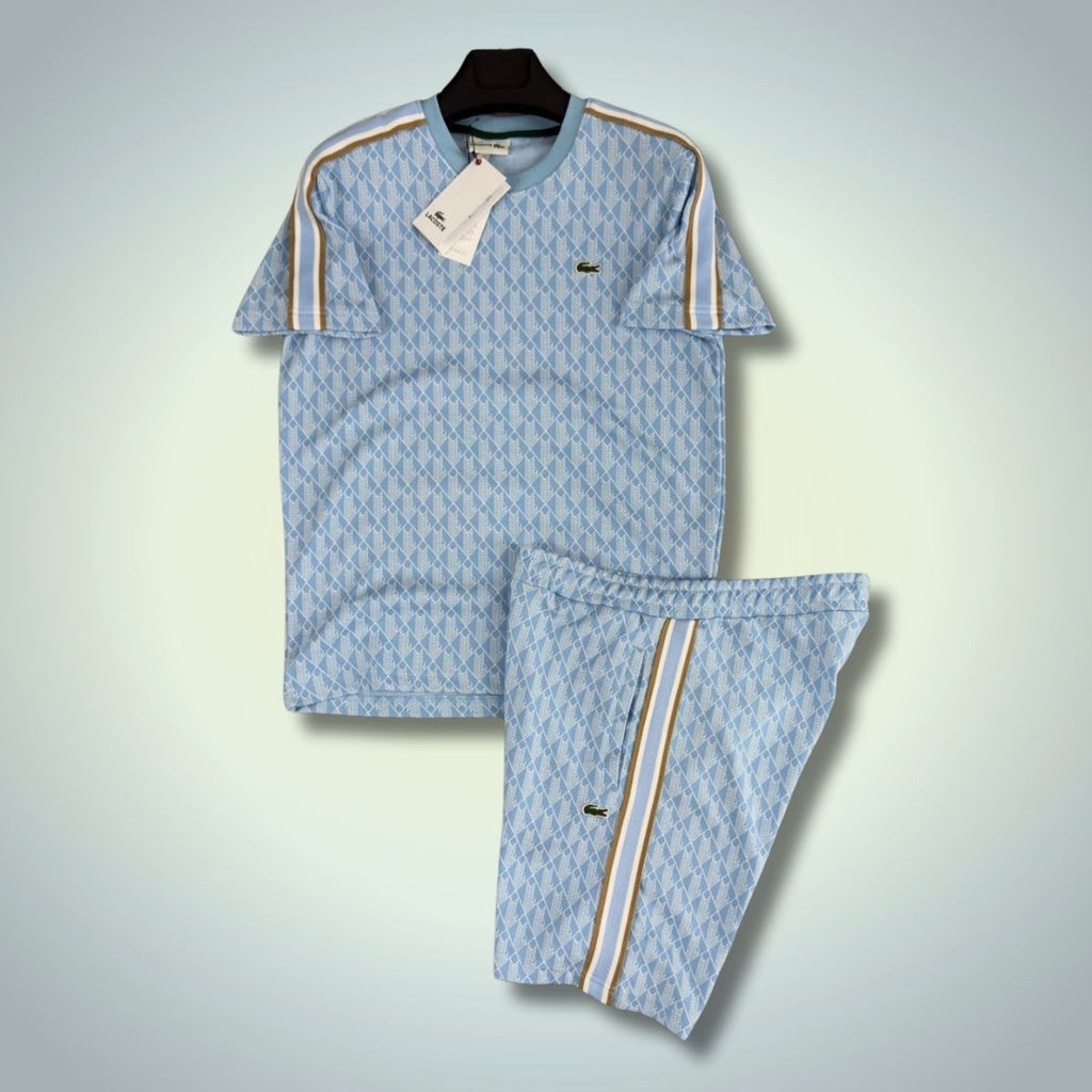 Komplet męski Lacoste ze spodenkami, żakardowy monogram, jasnoniebieski. Jakość premium