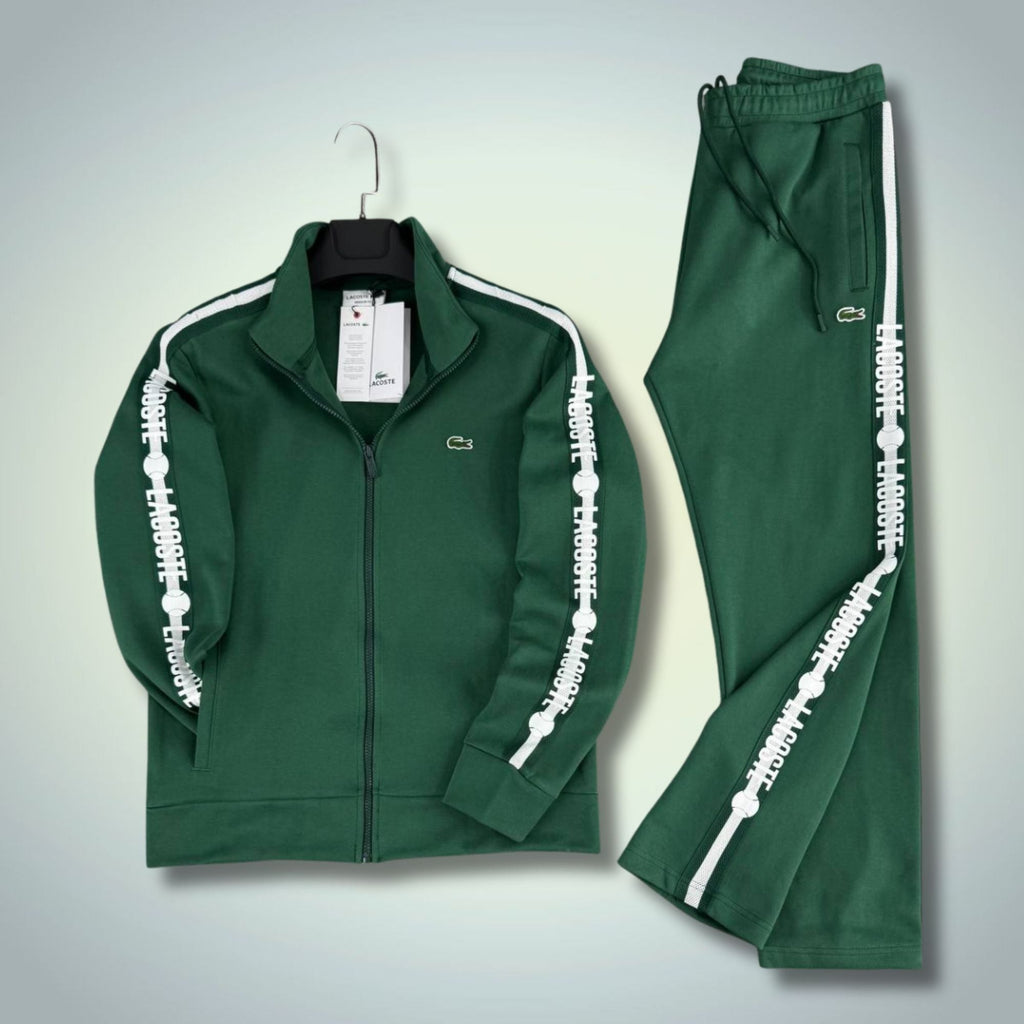 Męski komplet dresowy Lacoste, zielony z paskiem tenisowym, premium jakość