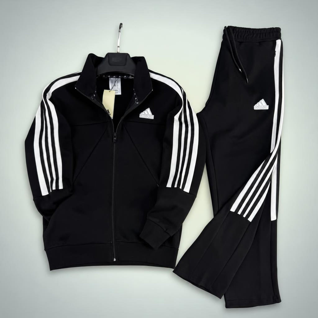 Adidas męski zestaw sportowy z trzema białymi paskami, czarny. Premium jakość