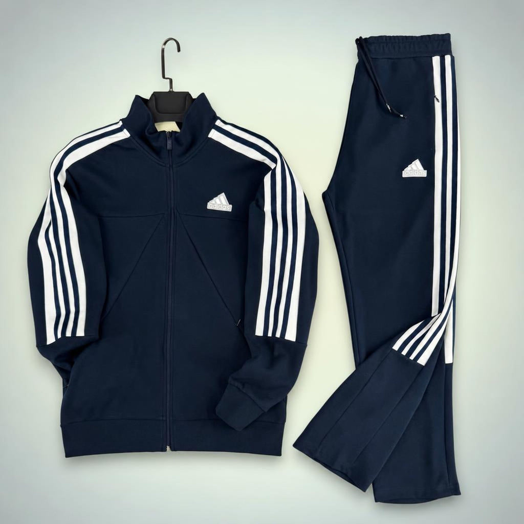 Adidas męski zestaw sportowy z trzema białymi paskami, granatowy. Premium jakość