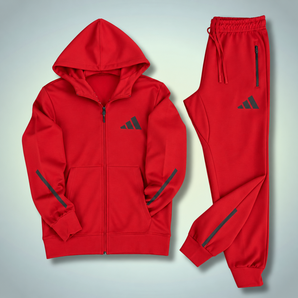 Adidas męski zestaw sportowy z kapturem, 2025, czerwony. Premium jakość