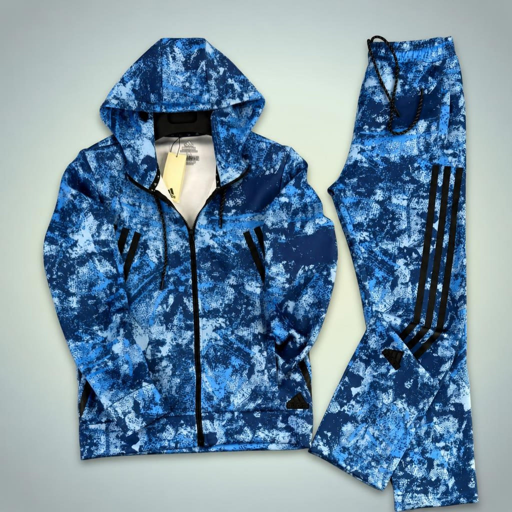 Adidas męski zestaw sportowy, wzór kamuflażowy, niebieski. Premium jakość