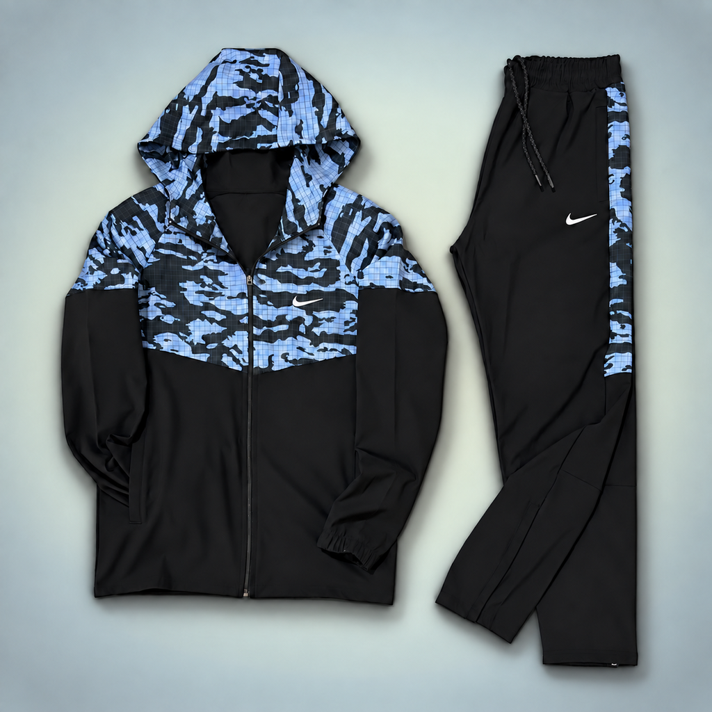 Nike męski zestaw sportowy nieprzemakalny, wzór kamuflażowy, czarny - niebieski. Premium jakość