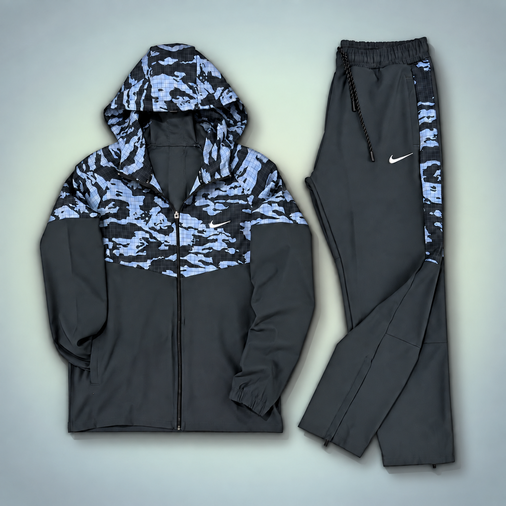 Nike męski zestaw sportowy nieprzemakalny, wzór kamuflażowy, grafitowy - niebieski. Premium jakość
