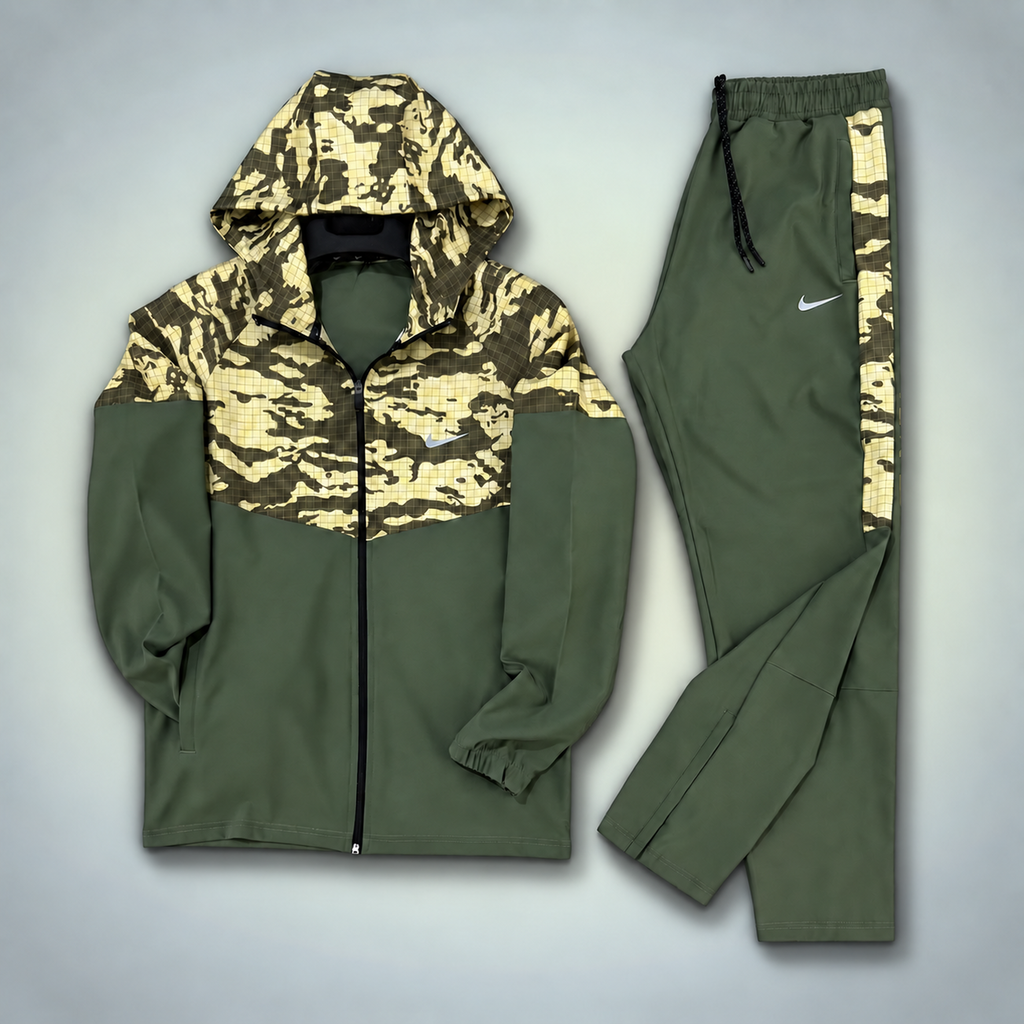 Nike męski zestaw sportowy nieprzemakalny, wzór kamuflażowy, zielony. Premium jakość