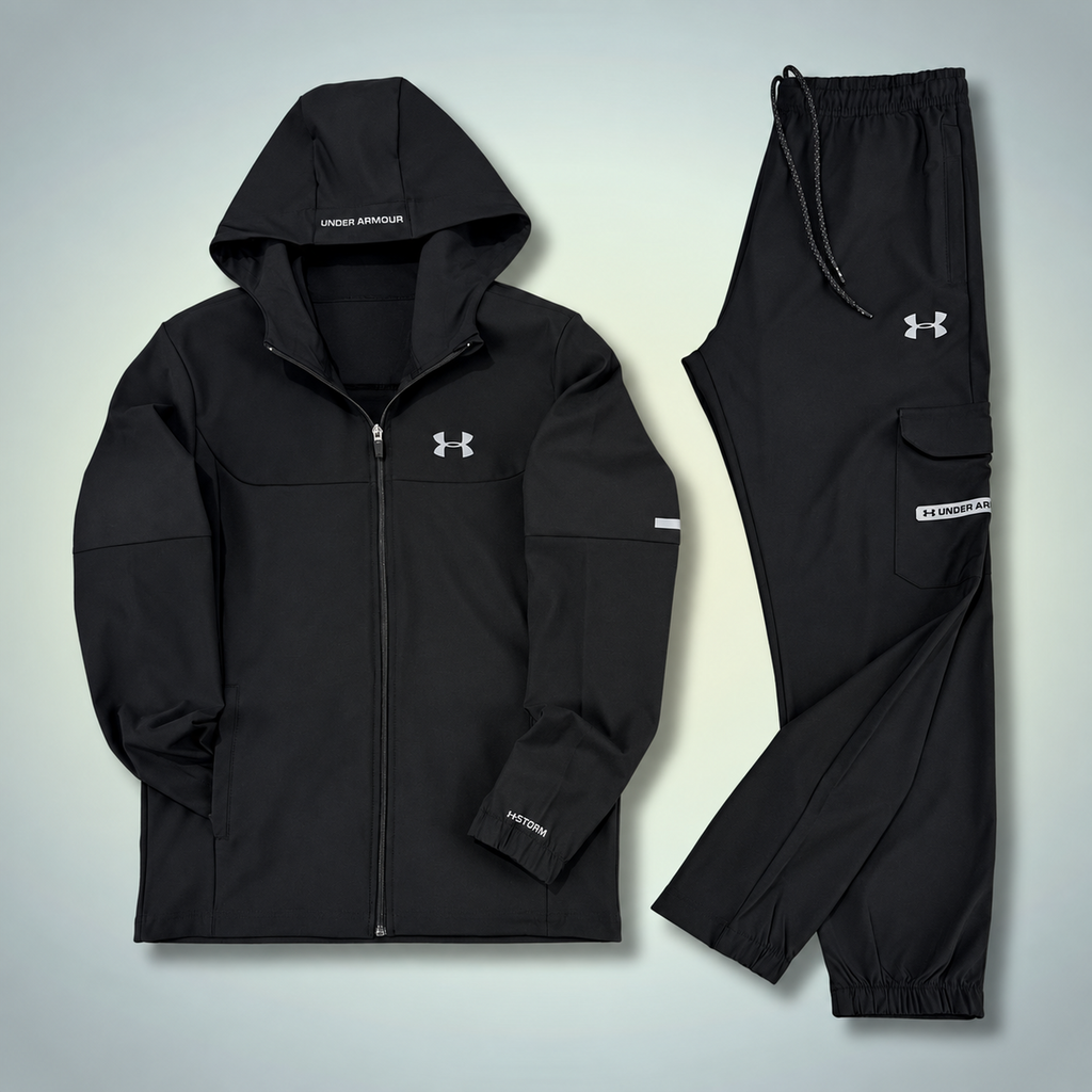 Under Armour męski zestaw sportowy nieprzemakalny z kieszenią cargo, czarny. Premium jakość