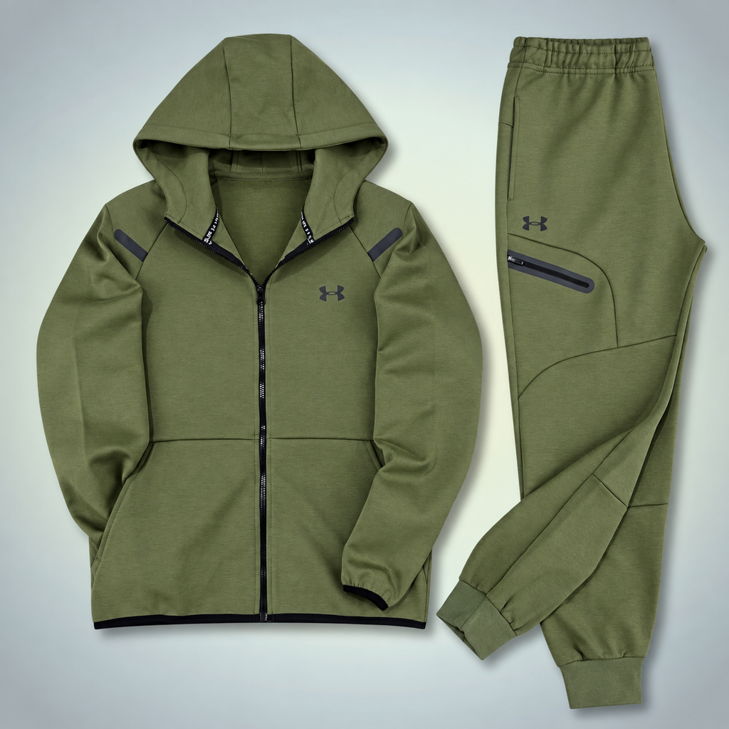 Under Armour męski zestaw sportowy z odblaskowymi elementami, oliwkowy. Premium jakość