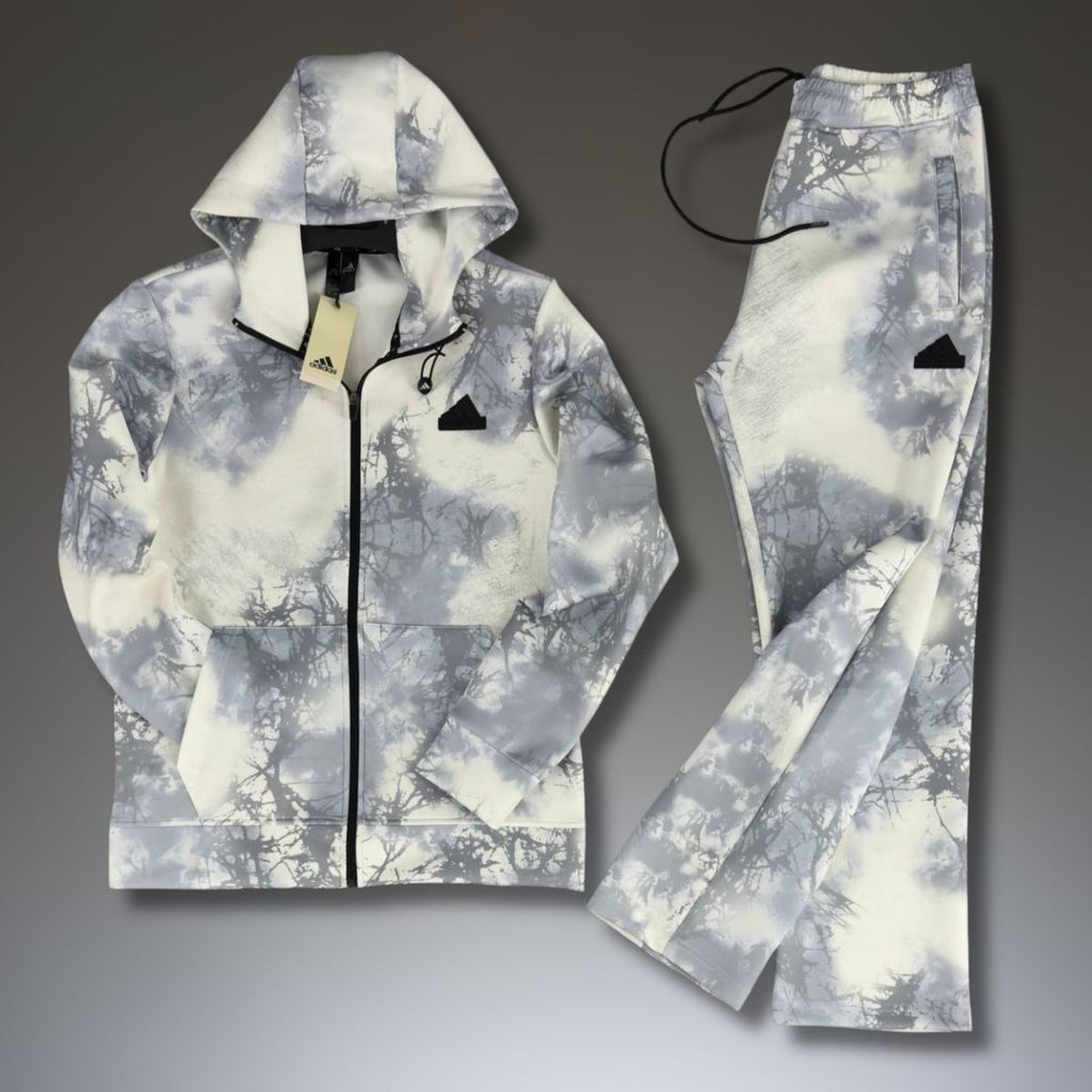 Adidas męski dres 2025, rozmyty wzór, biało-szary. Premium jakość