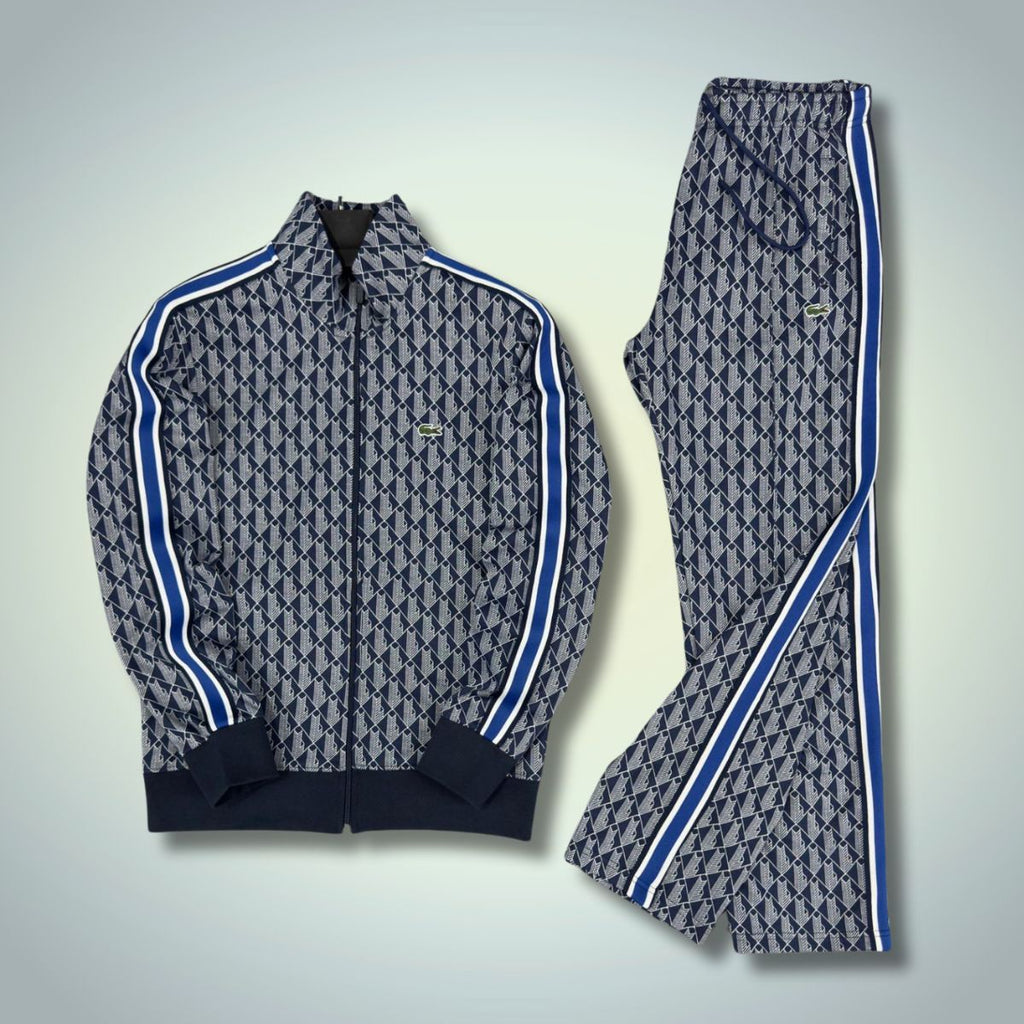 Dres męski Lacoste, żakardowy monogram, granatowo-biały. Jakość premium