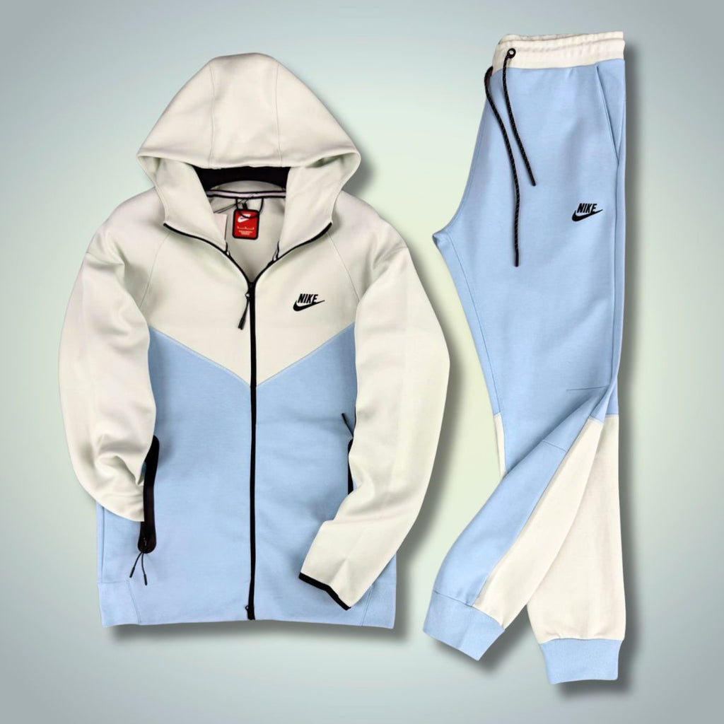 Dres męski Nike Tech Fleece w kolorze niebiesko-białym. Model 2023. Najwyższa jakość