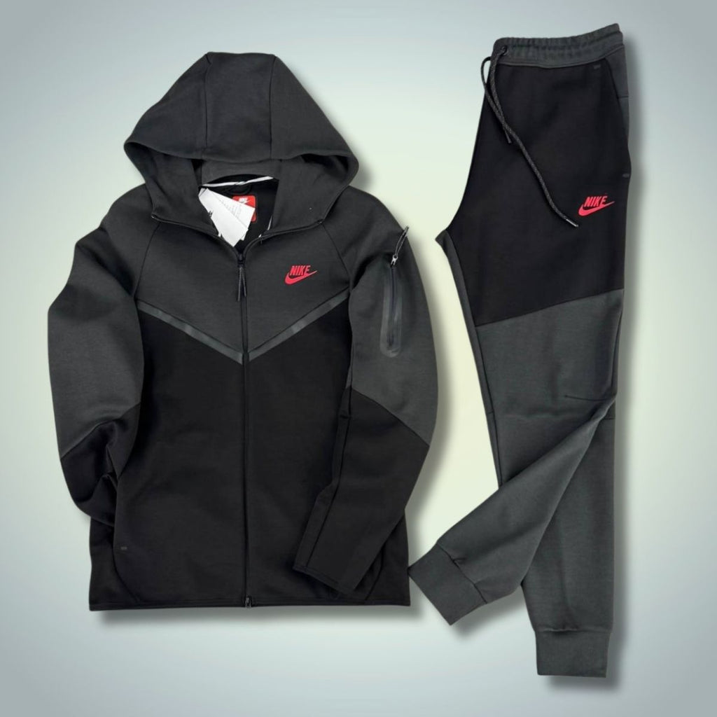 Nike Tech Fleece męski dres, grafitowo-czarny, czerwone logo. Model 2024. Premium jakość