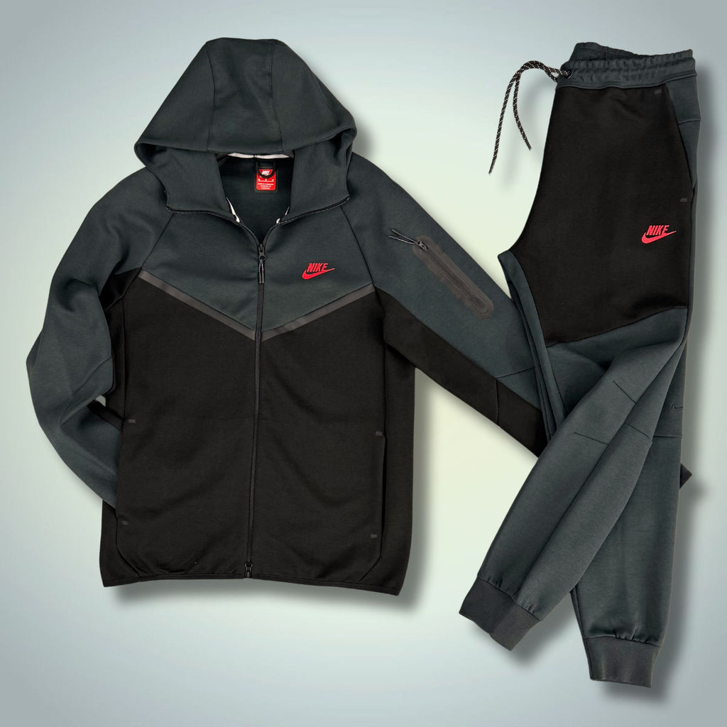 Nike Tech Fleece męski dres, grafitowo-czarny, czerwone logo. Model 2024. Premium jakość