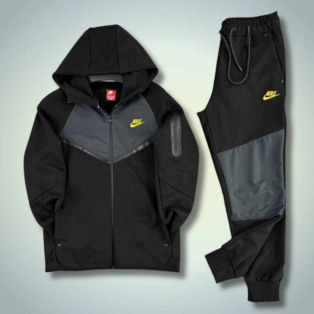 Nike Tech Fleece męski zestaw sportowy, czarno-grafitowy, żółte logo, Model 2024. Premium jakość