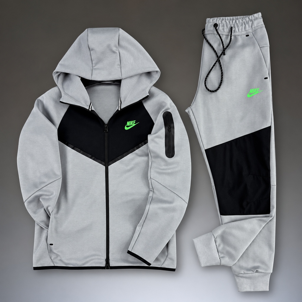 Nike Tech Fleece męski zestaw sportowy, szary - czarny, zielone logo. Model 2024. Jakość premium