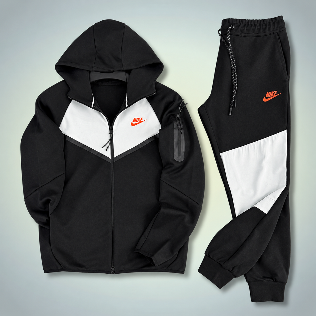 Nike Tech Fleece męski zestaw sportowy, czarny - biały, pomarańczowe logo. Model 2024. Jakość premium