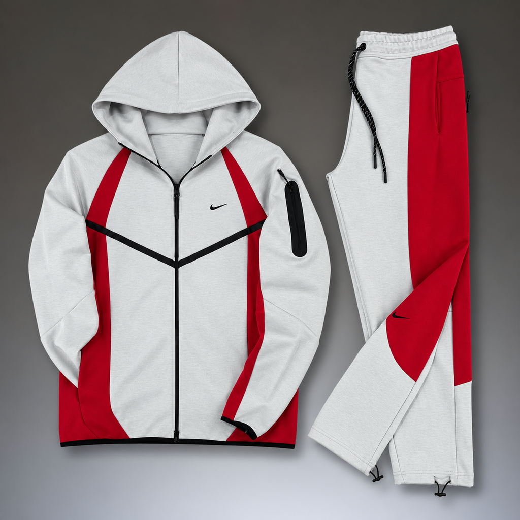 Nike Tech Fleece męski zestaw sportowy, jasnoszary - czerwony. Model 2026. Jakość premium