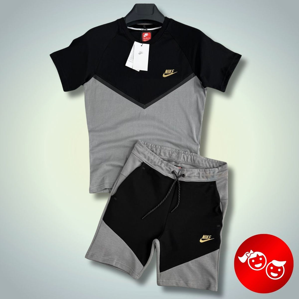 Komplet dziecięcy Nike Tech Fleece z szortami, czarny-szary, złote logo. Jakość premium