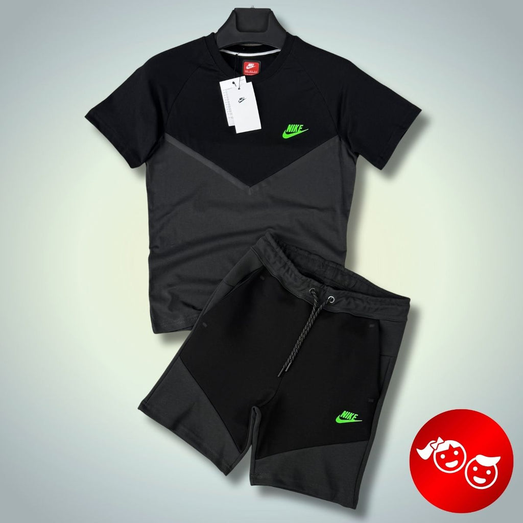 Komplet dziecięcy Nike Tech Fleece ze spodenkami, grafitowo-czarny, neonowe logo. Jakość premium