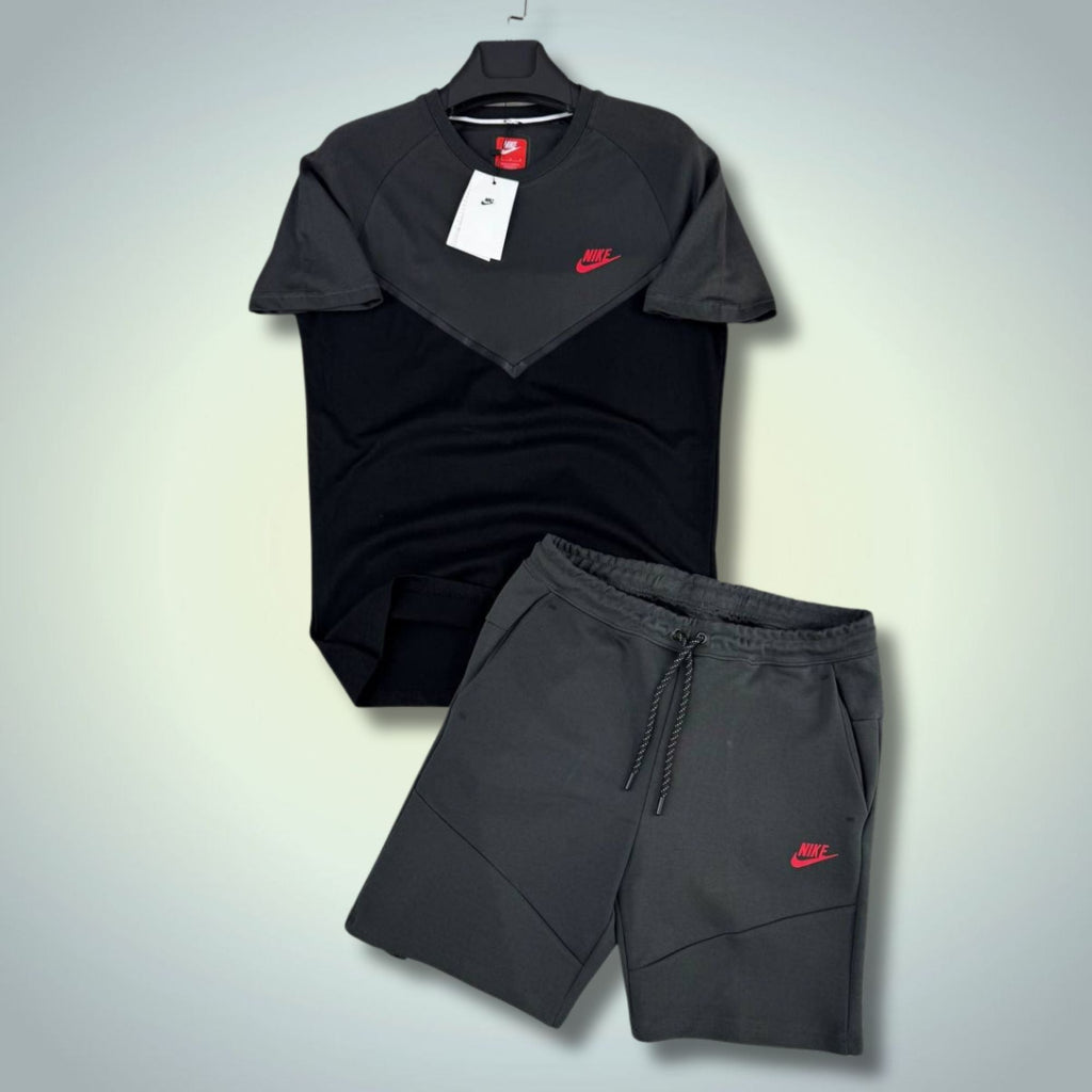 Nike Tech Fleece męski krótki dres sportowy, grafitowo-czarny, czerwone logo. Premium jakość