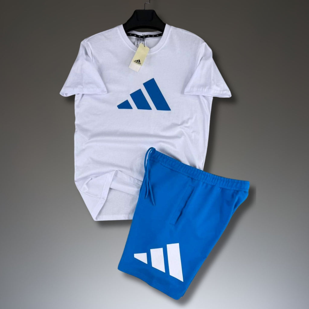 Adidas męski krótki zestaw sportowy, biało-niebieski. Premium jakość