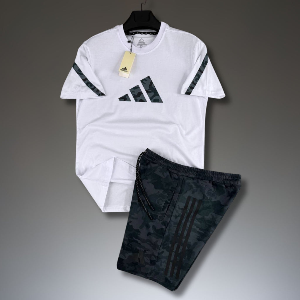 Adidas Z.N.E. męski krótki zestaw sportowy, wzór kamuflażowy, biało-szary. Premium jakość