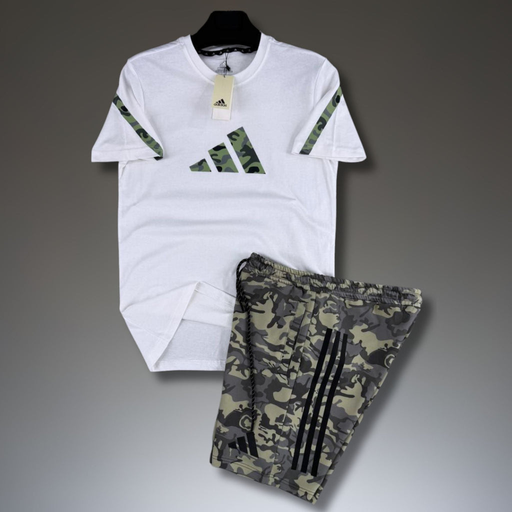 Adidas Z.N.E. męski krótki zestaw sportowy, wzór kamuflażowy, biało-zielony. Premium jakość