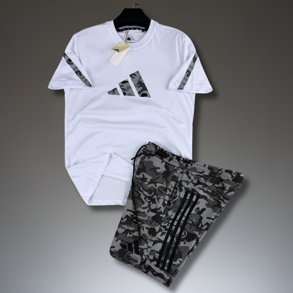 Adidas Z.N.E. męski krótki zestaw sportowy, wzór kamuflażowy, biało-szary. Premium
