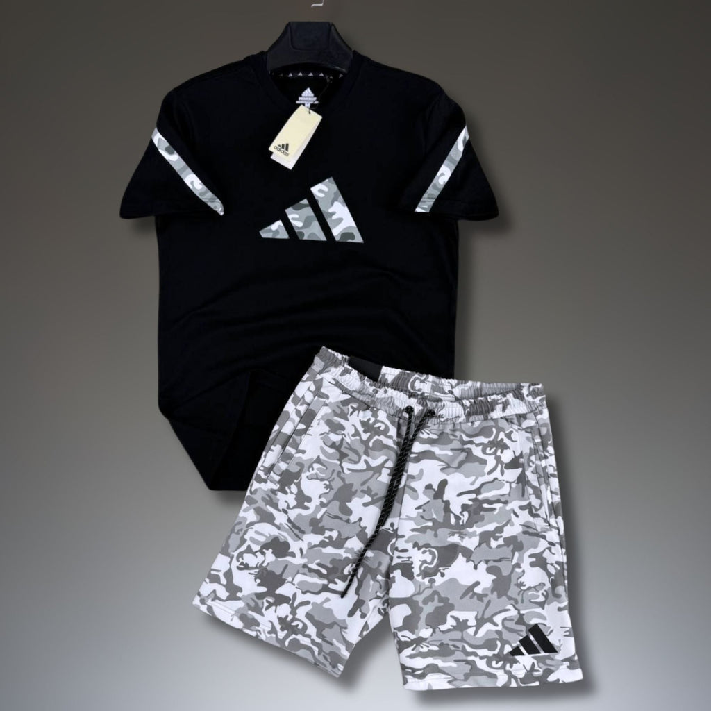 Adidas Z.N.E. męski krótki zestaw sportowy, wzór kamuflażowy, czarno-biały. Premium jakość