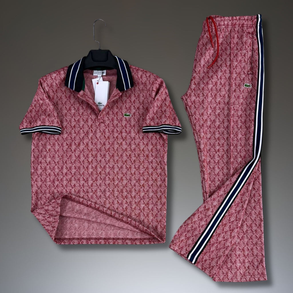Lacoste męski letni zestaw sportowy, polo Jacquard, czerwony. Premium jakość