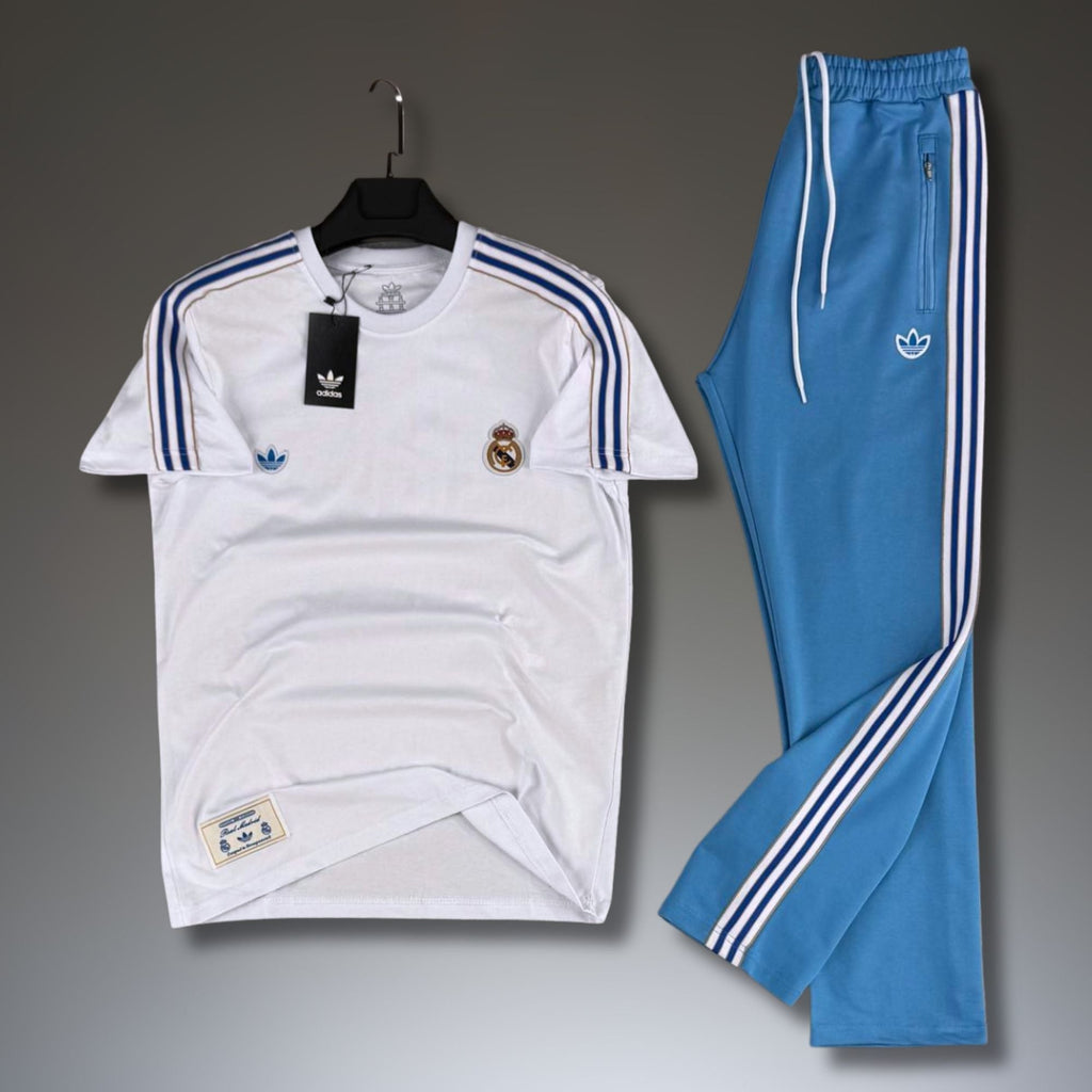 Adidas męski letni zestaw sportowy, biało-niebieski. Real Madrid. Premium jakość