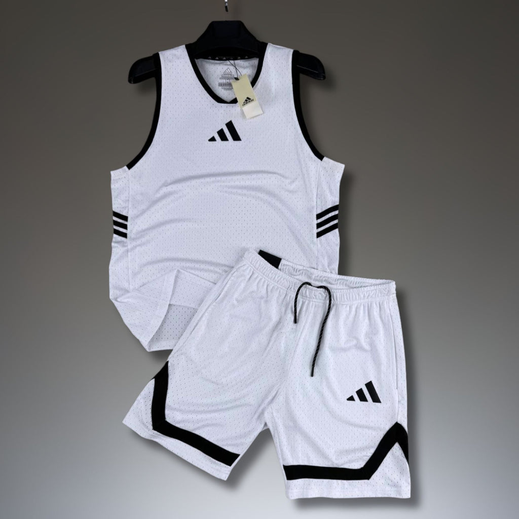 Adidas męski krótki zestaw sportowy z koszulką, biały. Dri-Fit. Premium jakość