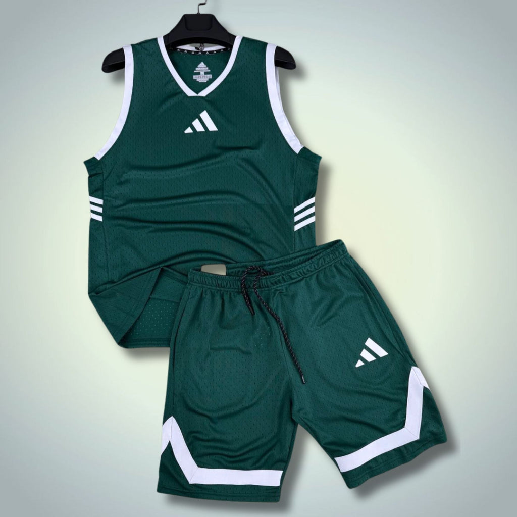 Adidas męski krótki zestaw sportowy z koszulką, zielony. Dri-Fit. Premium jakość