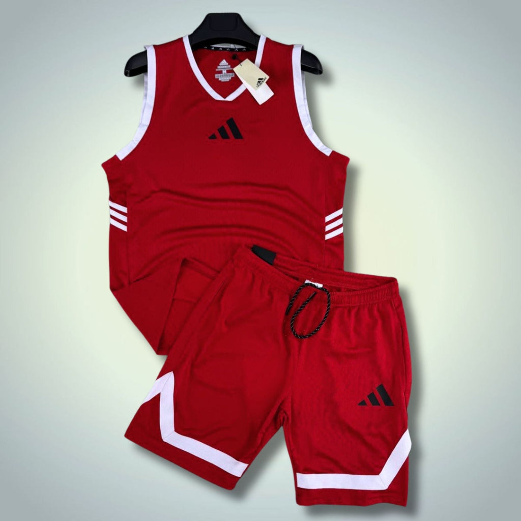 Adidas męski krótki zestaw sportowy z koszulką, czerwony. Dri-Fit. Premium jakość