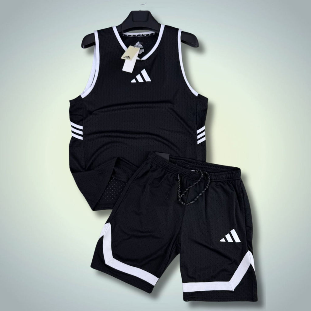 Adidas męski krótki zestaw sportowy z koszulką, czarny. Dri-Fit. Premium jakość