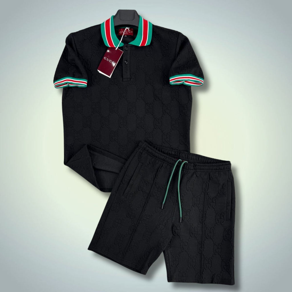 Gucci męski krótki zestaw sportowy, polo, czarny. Premium jakość