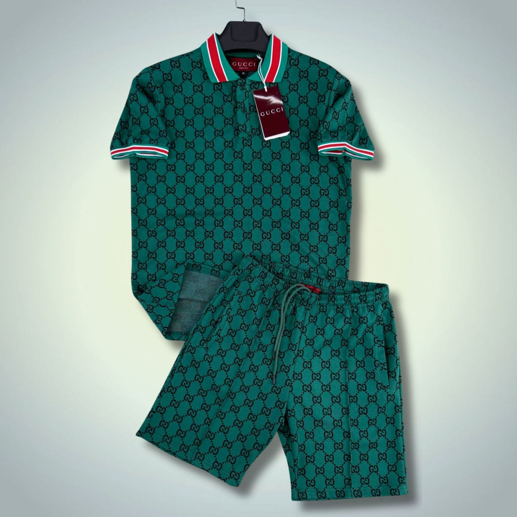 Gucci męski krótki zestaw sportowy, polo, małe logo, zielony. Premium jakość