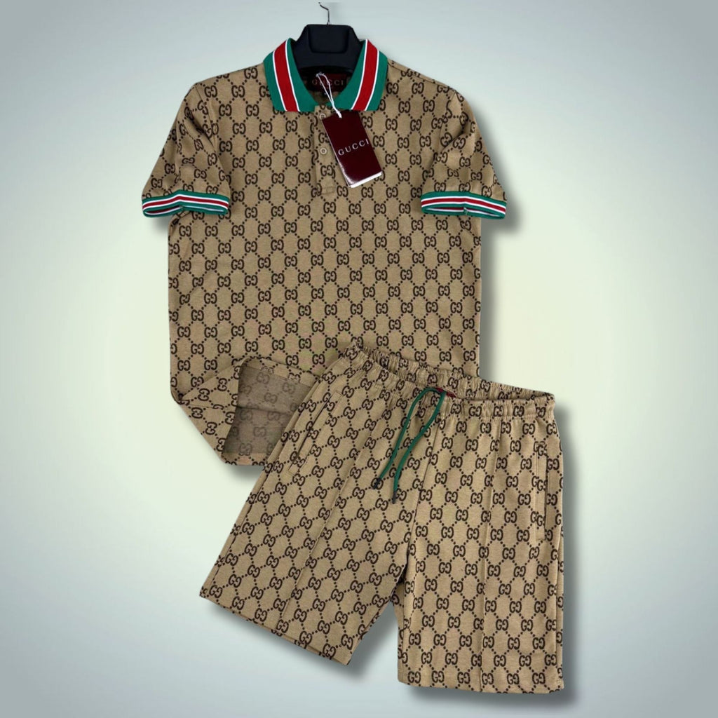 Gucci męski krótki zestaw sportowy, polo, małe logo, beżowy. Premium jakość