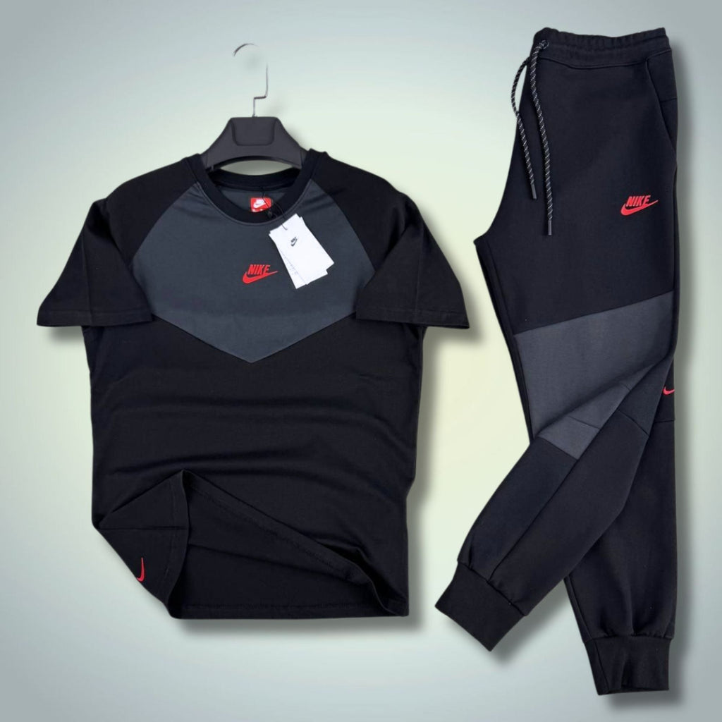 Nike Tech Fleece męski letni zestaw sportowy, czarno-grafitowy, czerwone logo. 2026. Premium jakość