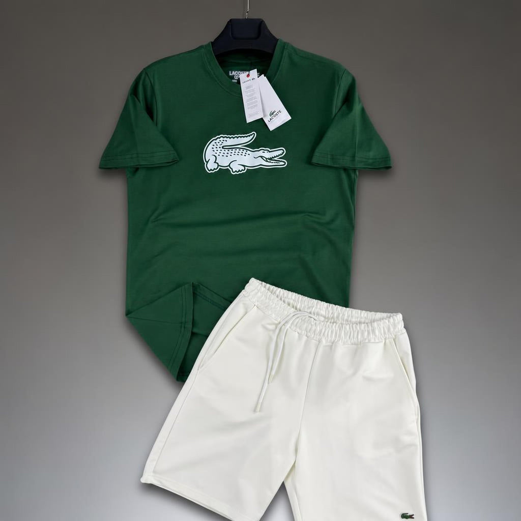 Lacoste Big Logo męski krótki dres sportowy, zielony i biały. Premium jakość