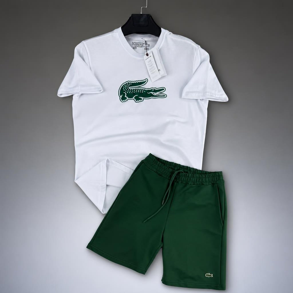 Lacoste Big Logo męski krótki dres sportowy, biało-zielony. Premium jakość