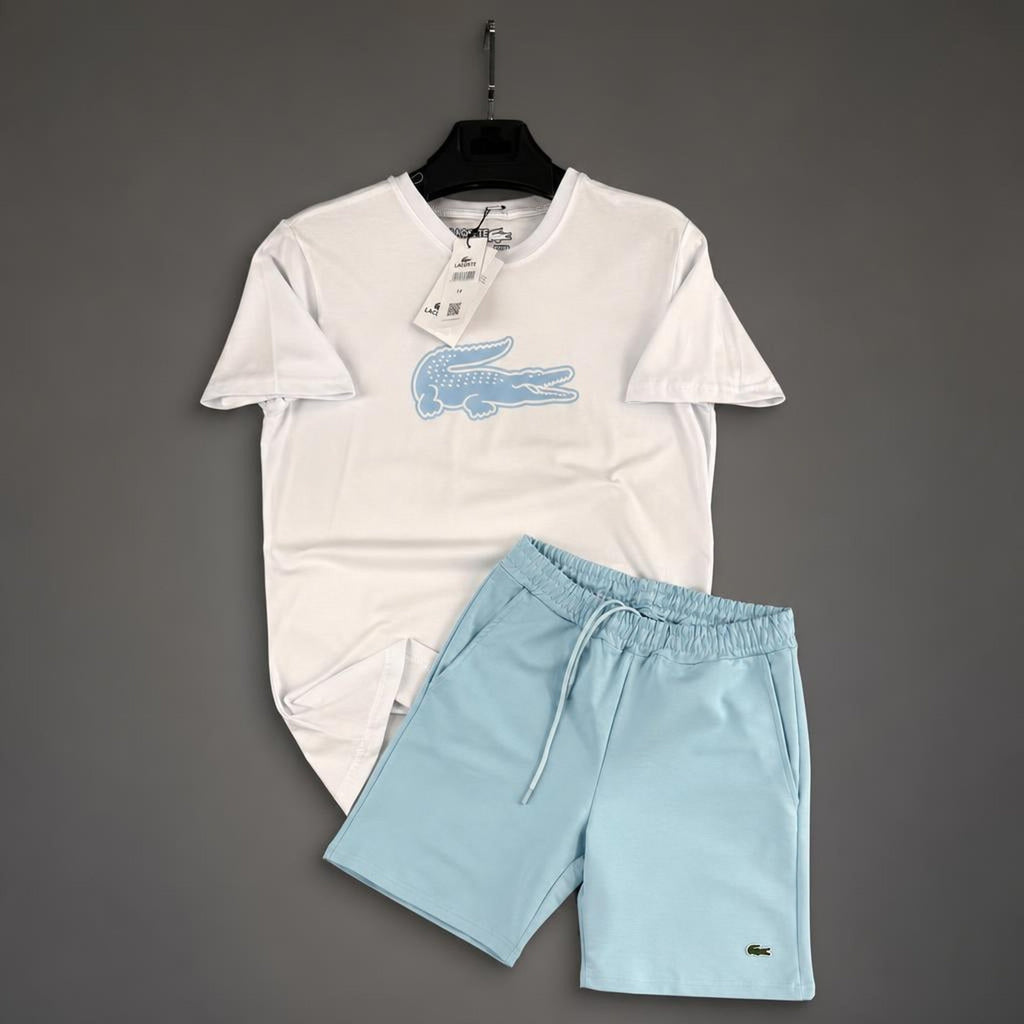 Lacoste Big Logo męski krótki dres sportowy, biało-jasnoniebieski. Premium jakość