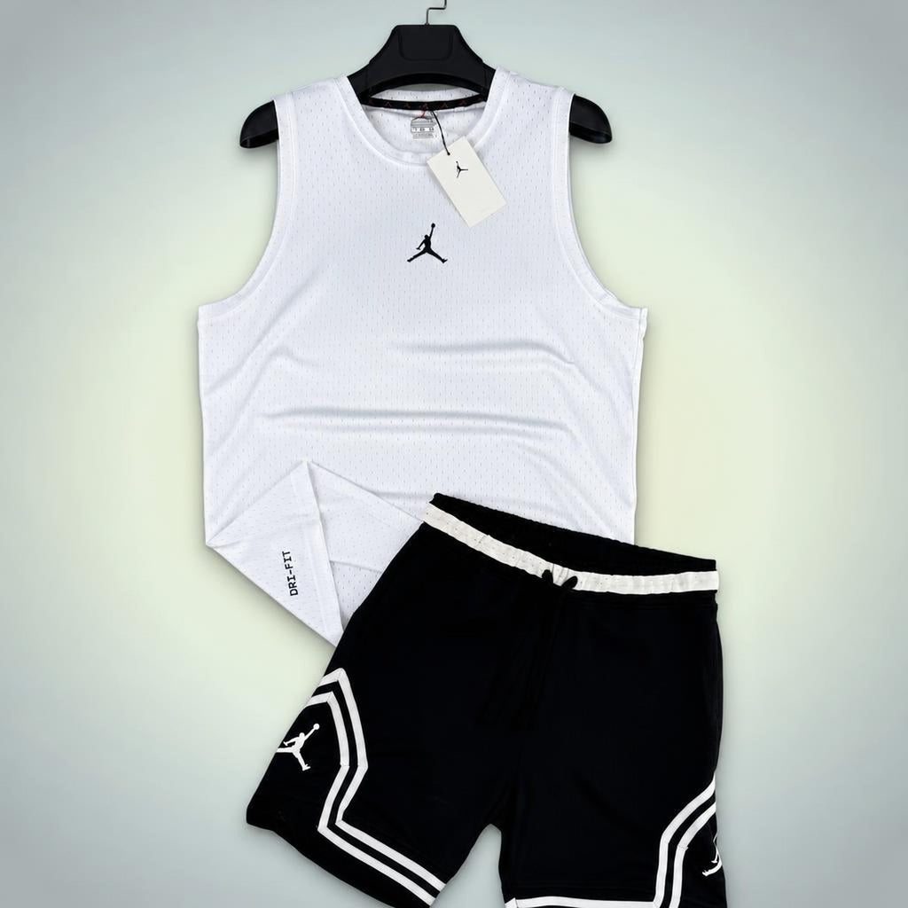 Jordan męski krótki zestaw sportowy z koszulką, Biało-czarny. Dri-Fit. Premium jakość