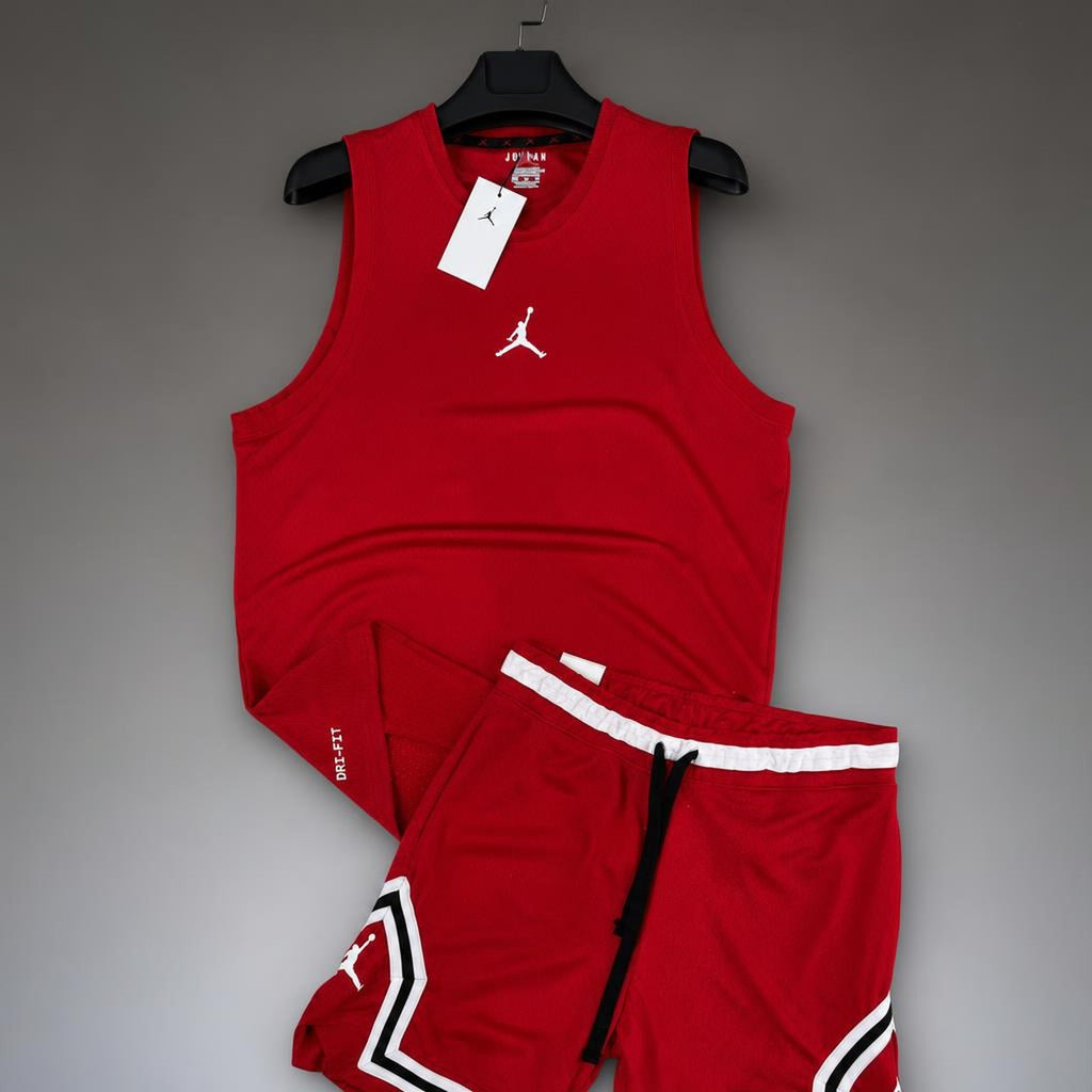 Jordan męski krótki zestaw sportowy z koszulką, Czerwony. Dri-Fit. Premium jakość