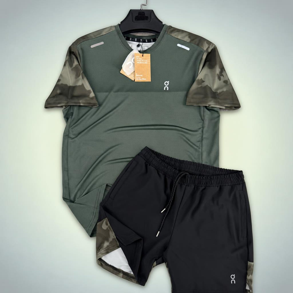 ON Military pattern męski krótki dres sportowy, zielony z czarnym paskiem logo. Premium jakość
