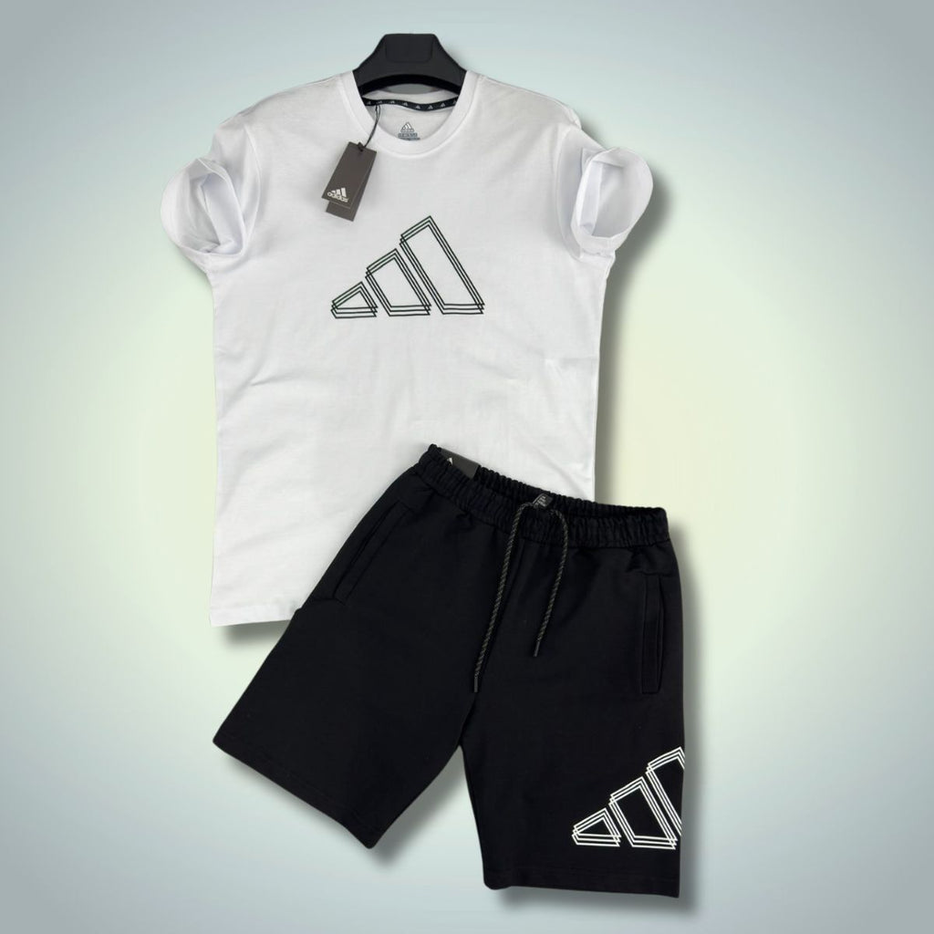 Komplet męski Adidas z szortami, kolor biało-czarny. Premium jakość