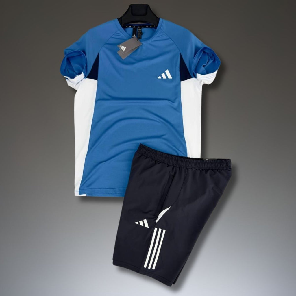 Komplet sportowy męski Adidas z szortami, Niebiesko-czarny. Jakość premium