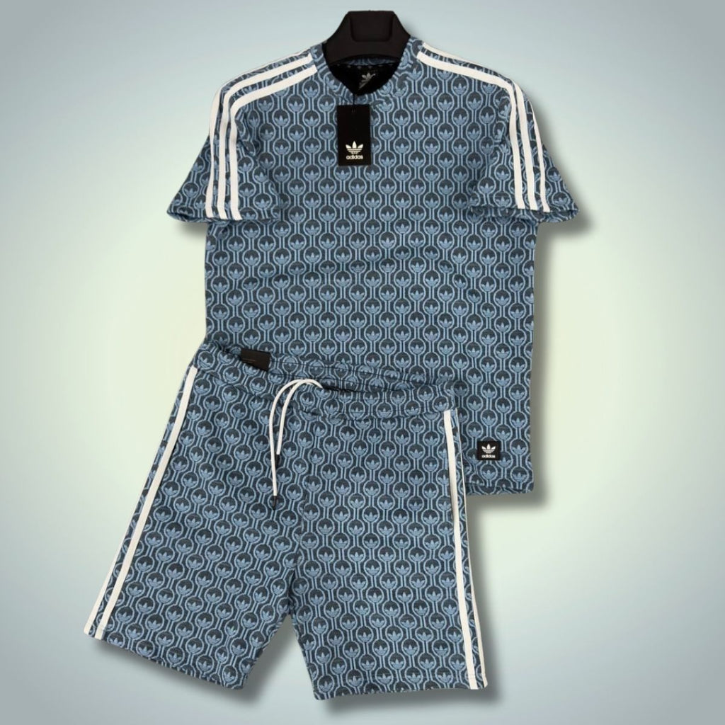 Komplet męski Adidas z szortami, Wzór logo, Niebieski. Jakość premium