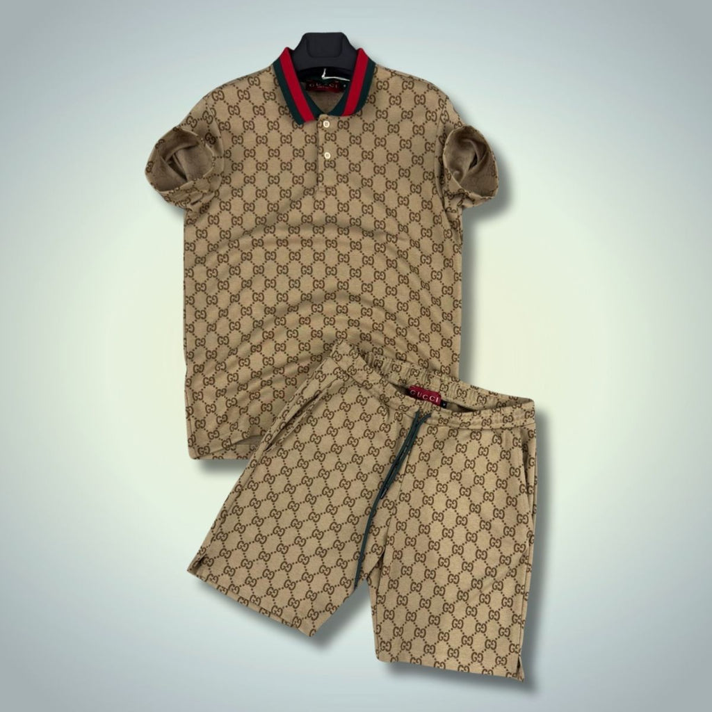 Komplet męski Gucci z szortami, koszulka polo, beżowy. Jakość premium