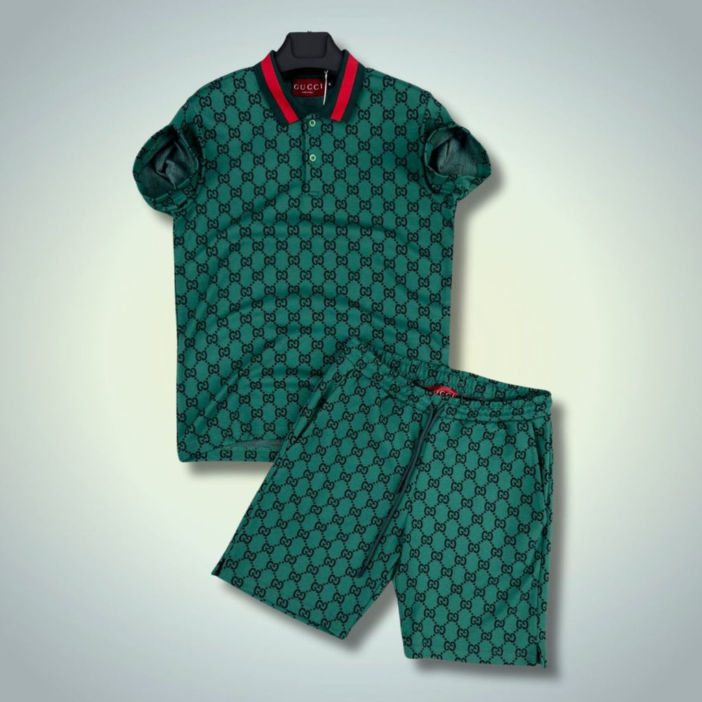 Komplet męski Gucci z szortami, koszulka polo, zielony. Jakość premium