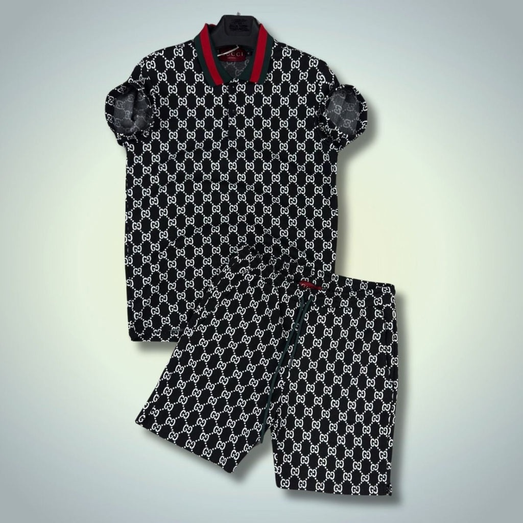 Komplet męski Gucci z szortami, koszulka polo, czarno-biały. Jakość premium
